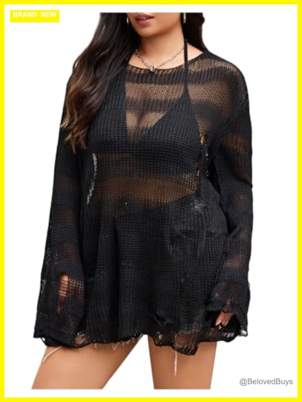 Plus Size Ripped See Through Grunge Sweater Pullover Crew Neck Bell Sleeve